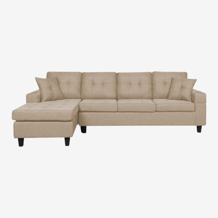 Coral Sectional Sofa in Fabric Upholstery With Reversible Chaise & Cup Holders - Beige