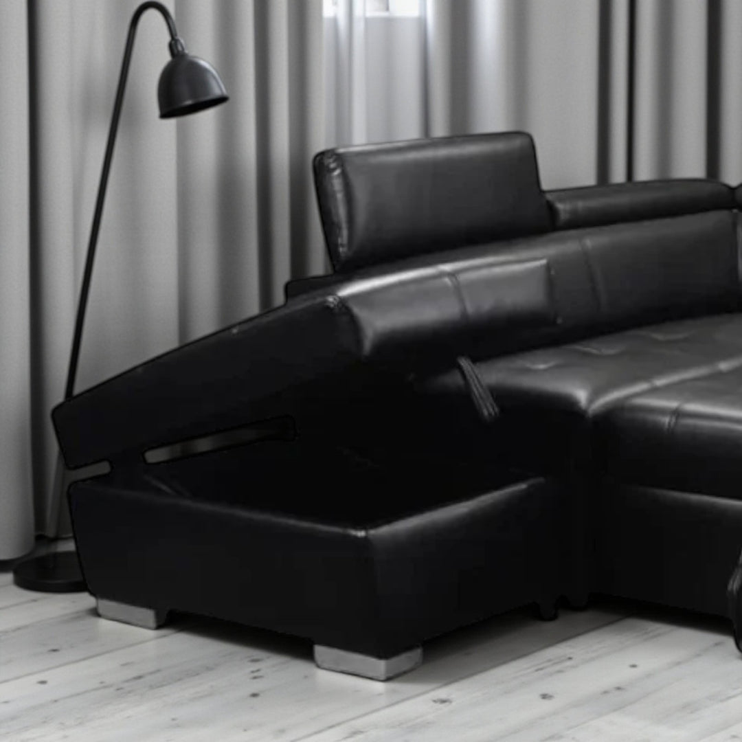 Vertex 4-Piece Air-Leather Upholstered Sectional Sofa Bed - Black | Available In LHF & RHF Configuration