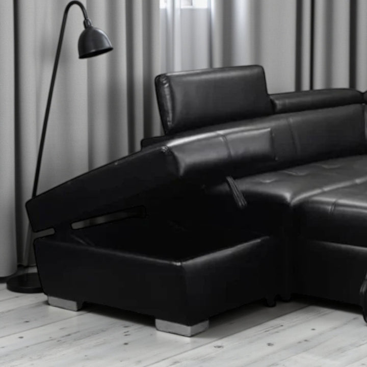 Vertex 4-Piece Air-Leather Upholstered Sectional Sofa Bed - Black | Available In LHF & RHF Configuration