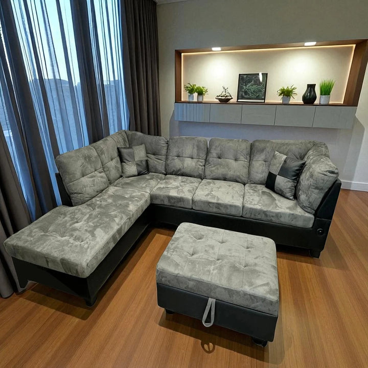 Sona Fabric Upholstered Sectional Sofa With LHF Chaise & Storage Ottoman - Grey | Modern, Comfortable & Built to Last