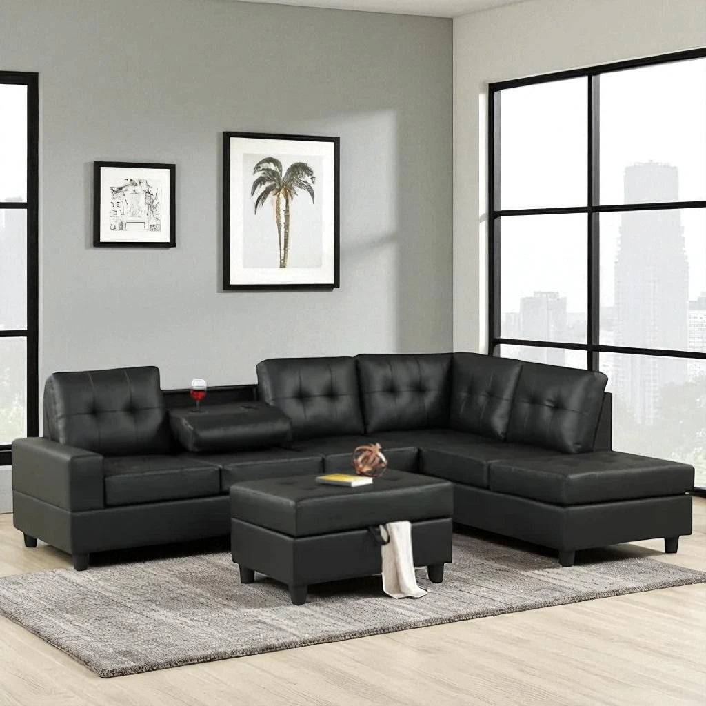Moonwave Leather Upholstered Sectional Sofa With Reversible Chaise - Black | Timeless, Stylish & Comfortable