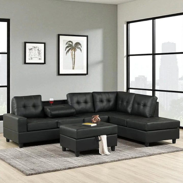 Moonwave Leather Upholstered Sectional Sofa With Reversible Chaise - Black | Timeless, Stylish & Comfortable