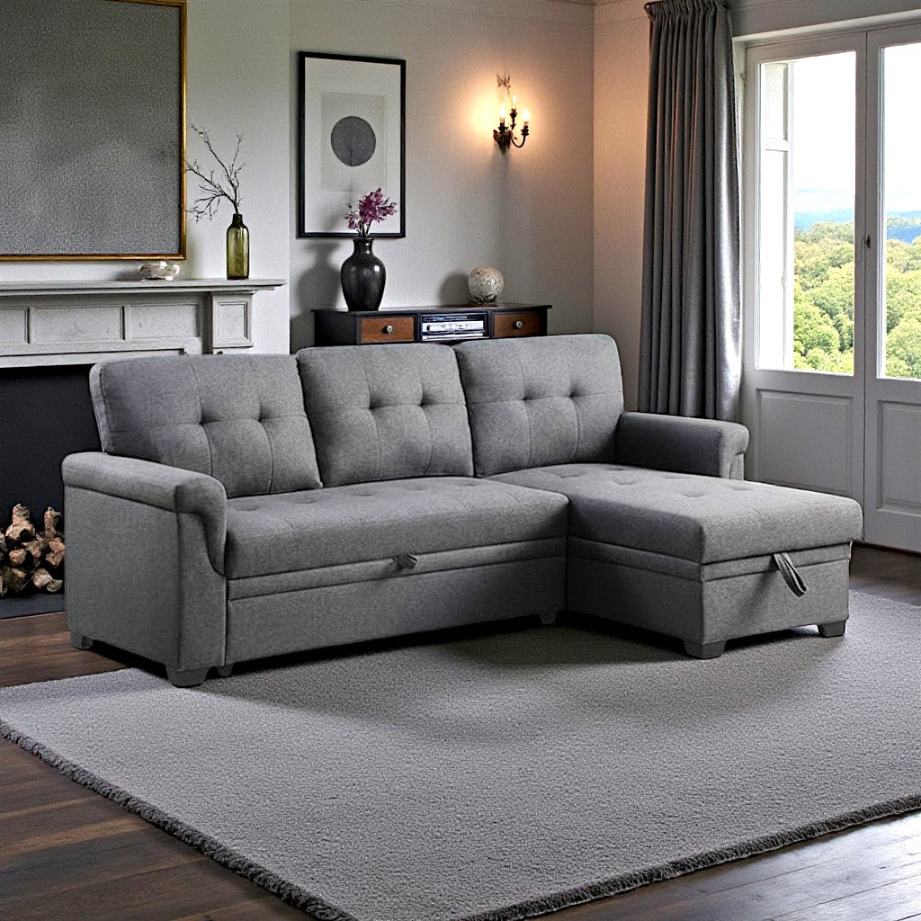 Zenith Fabric Upholstered Sectional Sofa Bed With USB Charging Ports - Grey | Modern, Durable, Reversible, Affordable, Comfortable & Storage Solution