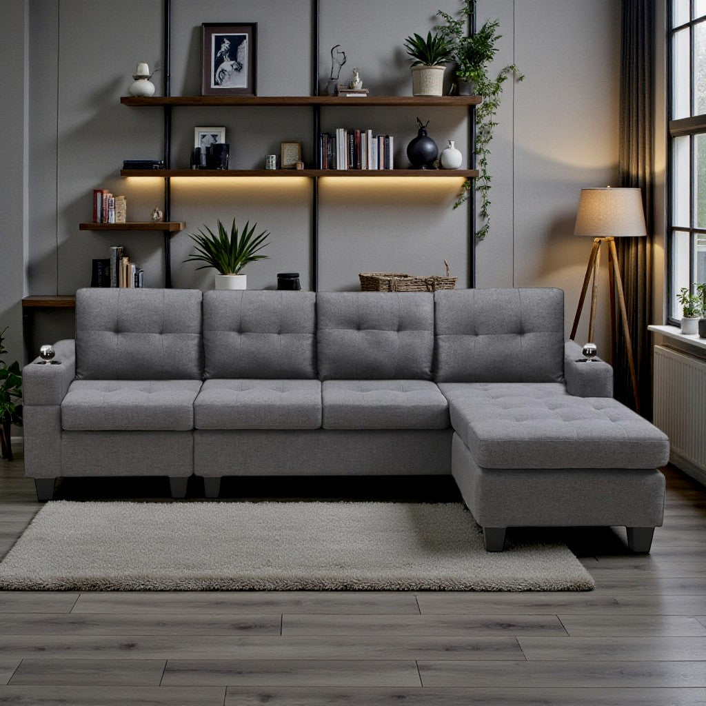 Willow Fabric Upholstered Sectional Sofa - Grey | Modern, Sturdy, Comfortable & Reversible