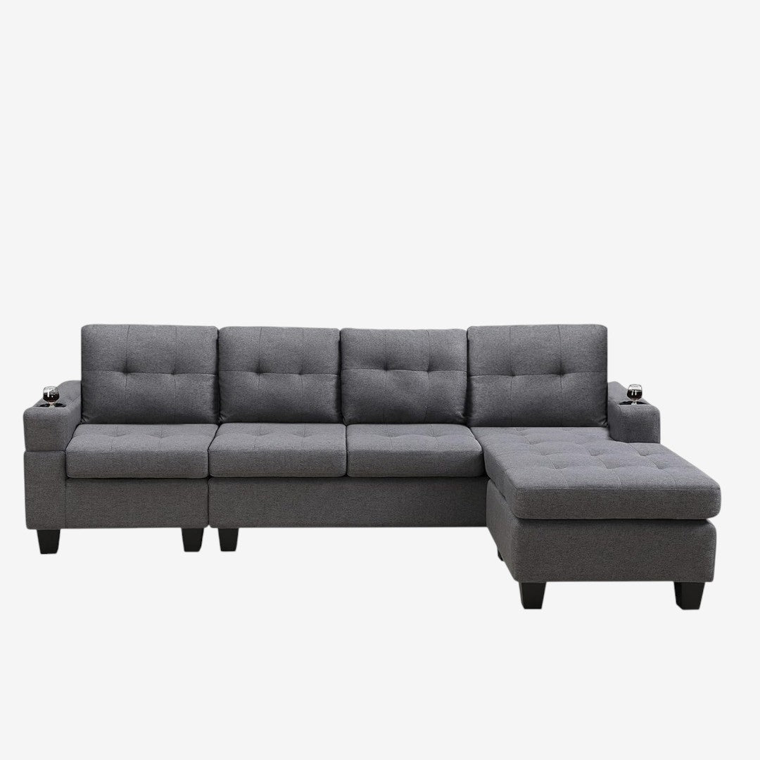 Coral Sectional Sofa in Fabric Upholstery With Reversible Chaise & Cup Holders - Grey