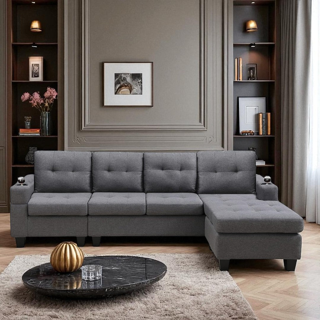 Coral Sectional Sofa in Fabric Upholstery With Reversible Chaise & Cup Holders - Grey